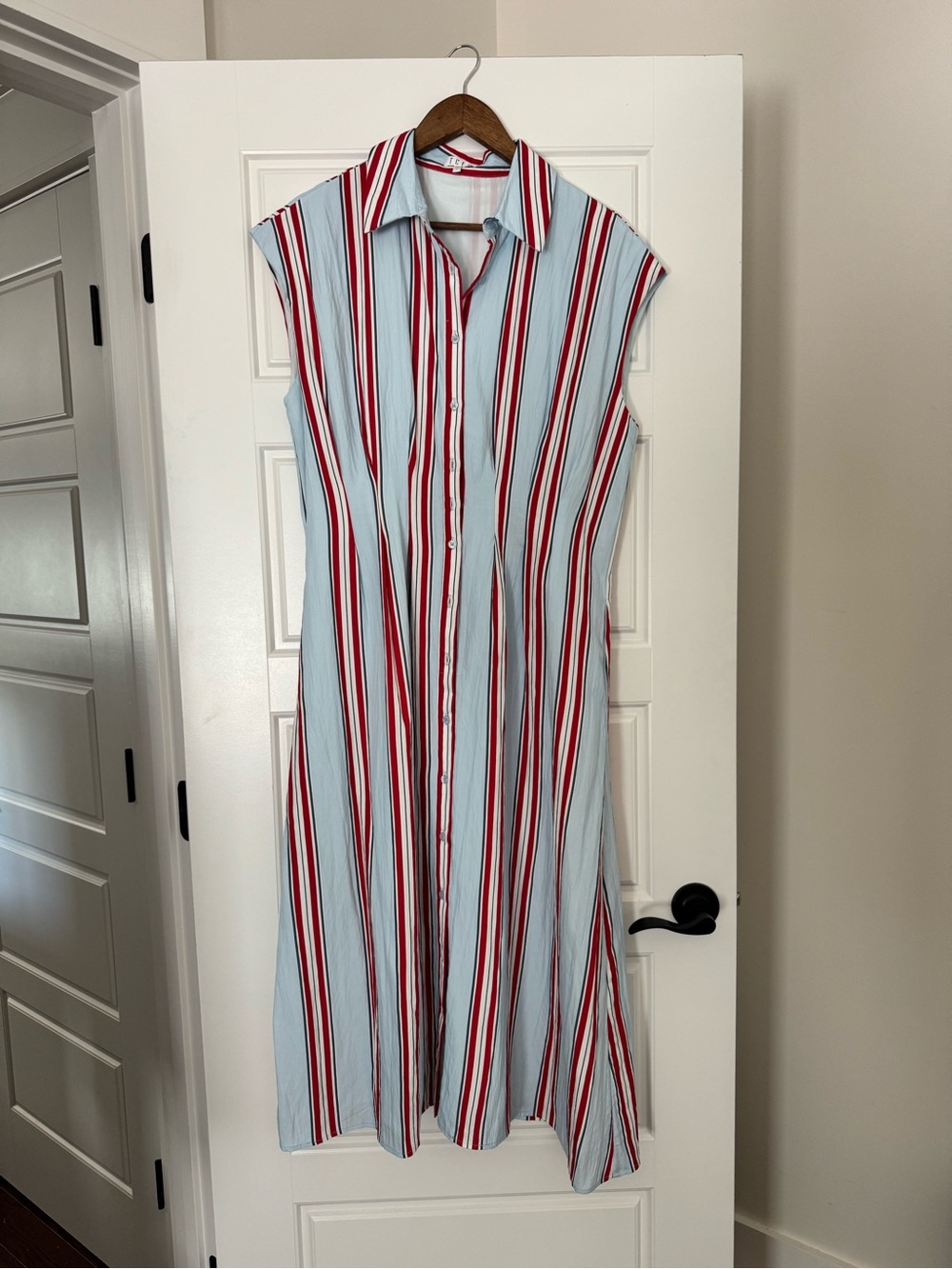 TCEC Light Blue Midi Shirt Dress with Red Stripes